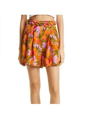FARM Rio High-Waist Floral Braided-Waist Shorts in Orange & Pink